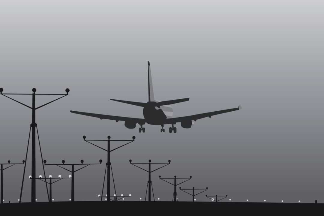 Illustration of airliner passing over approach lights