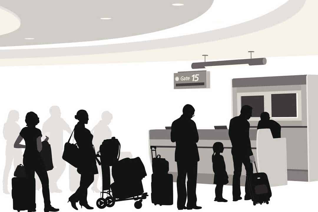 Illustration of passengers in line to board aircraft