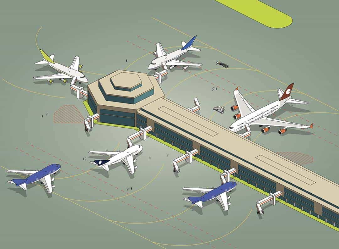 Illustrated aerial view of airline gates